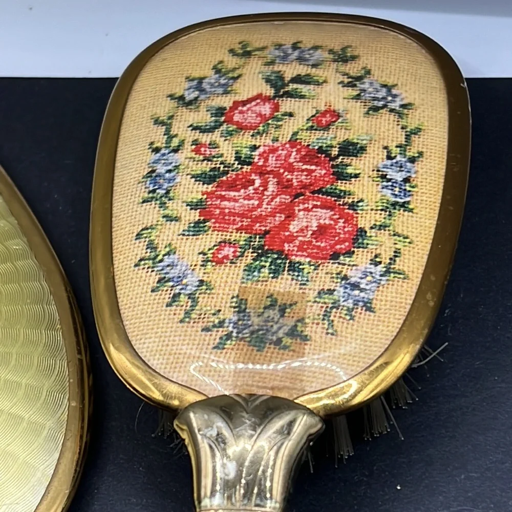 Vintage flower vanity mirror and brush