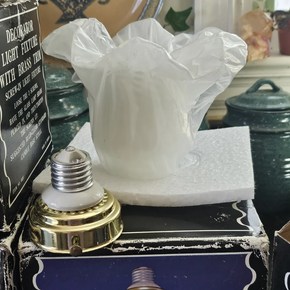 Classic White Ruffled Glass Light Shade with Brass Collar