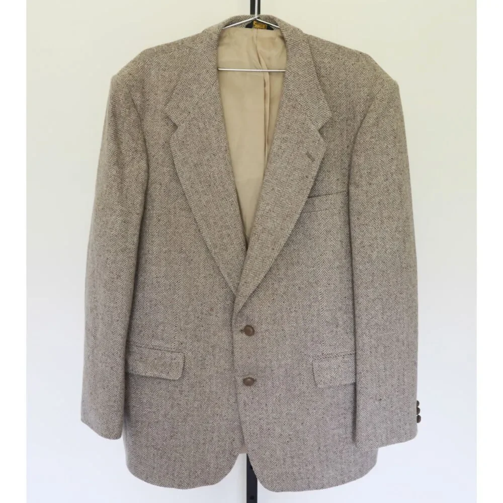 Vintage Wool Herringbone Blazer Mens 46L Tan Brown Tweed Sport Coat